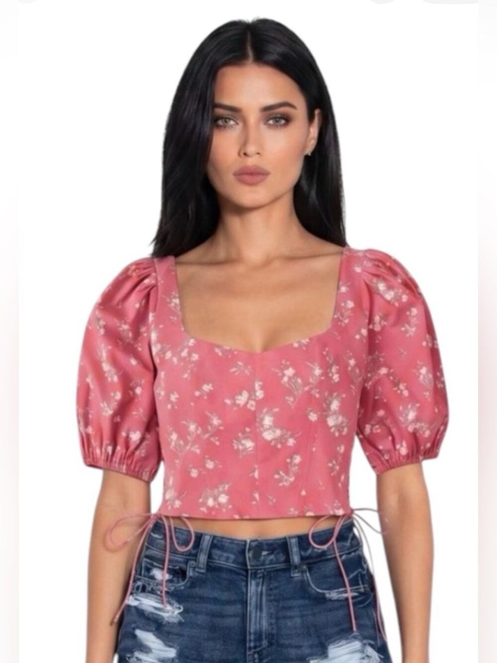 ABERCROMBIE & FITCH Rose Floral Square-Neck Puff Sleeve Corset Lace Crop Top S